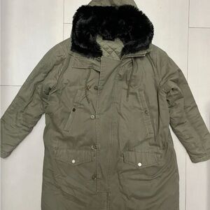 Kooples Large olive army green cotton parka faux fur zip front small hole